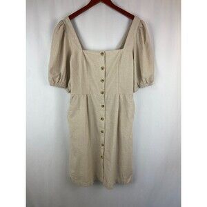 NWT Old Navy Large Tall Tan Button Up Linen Blend Puff Sleeve Midi Dress Cottage